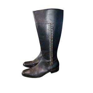 Alfani Women 9.5 Black Leather Knee-High Preppy Money Boot Studded Equestrian